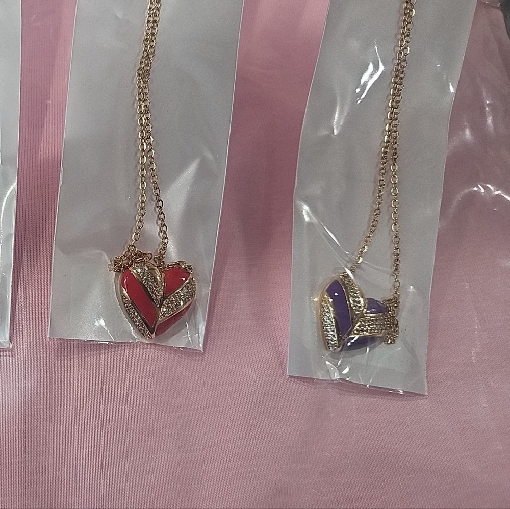 Gold Heart Pendant Necklace with Red and Blue Accents
